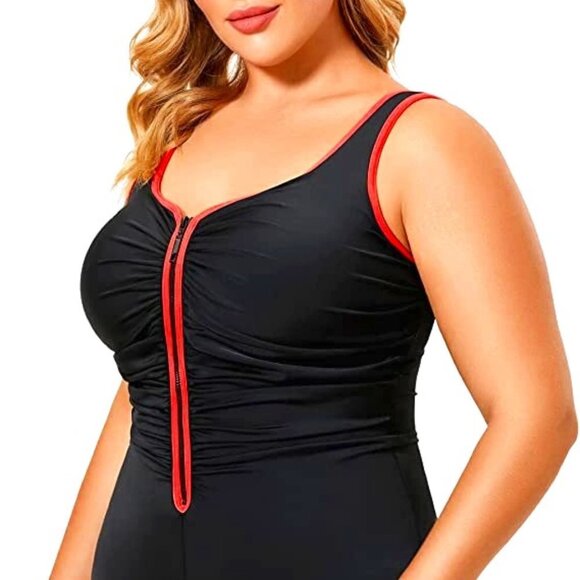 DELIMIRA BLACK & ORANGE RUCHED ZIPPER FRONT ONE PIECE SWIMSUIT SIZE 14 PLUS NWT - Picture 3 of 11